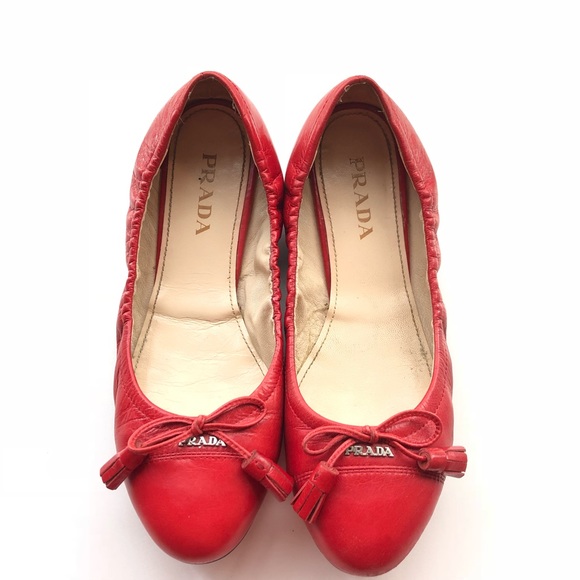 Prada Shoes Womens Red Flats Logo Leather 75 Poshmark